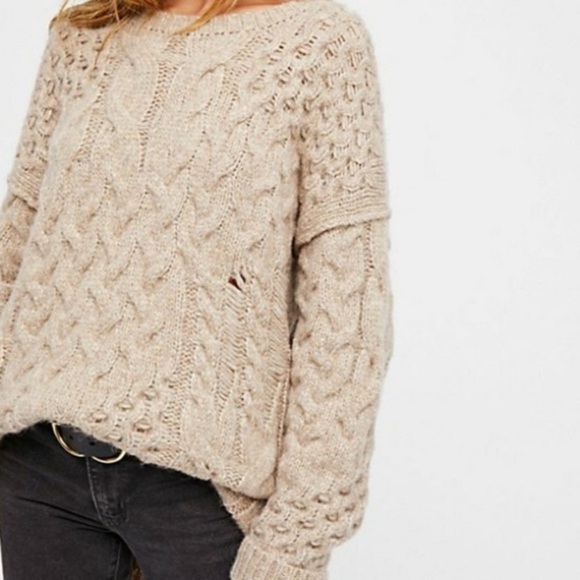 Free People Distressed Tan Beige Cable Knit Alpaca Wool Blend Sweater M - Picture 2 of 8